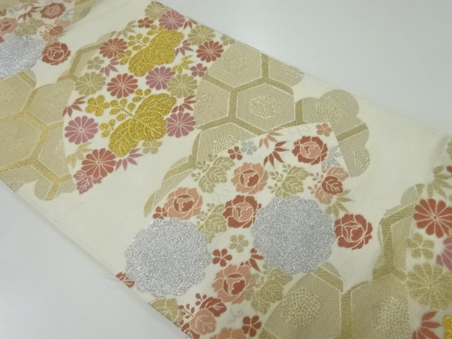 アンティーク　地紙に菊桐・亀甲繋ぎ模様織出し袋帯（材料）